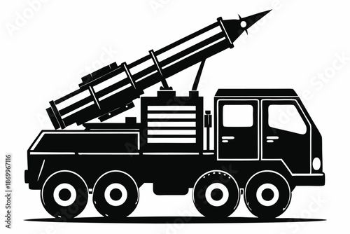 Silhouette of a missile launcher truck, military weapon, vector graphic
