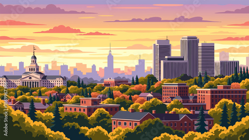 Cityscape vector illustration of buildings and trees in autumn colors with a warm sunset glow