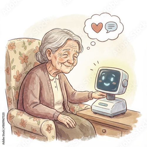 A illustration of a smiling elderly woman sharing a moment of connection with her cute AI robot companion, symbolizing the future of elder care and combating loneliness. Vector illustration