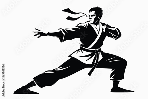 Focused Martial Arts Silhouette Vector of an Athlete Performing a Defensive Stance