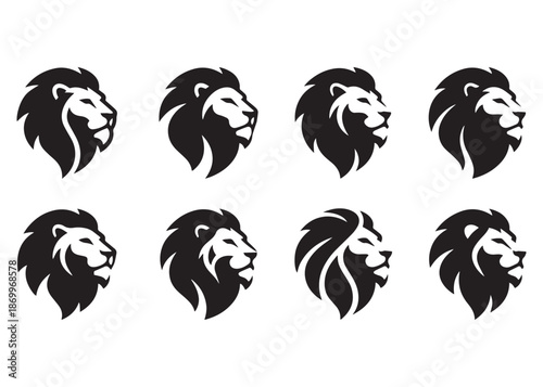 Collection of stylized black and white lion head vector illustrations logo emblems in various abstract designs showing strength and bravery