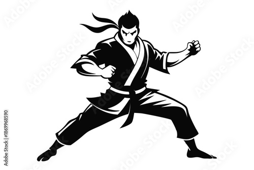 Sleek Martial Artist Black and White Silhouette Illustrating a Powerful Kick