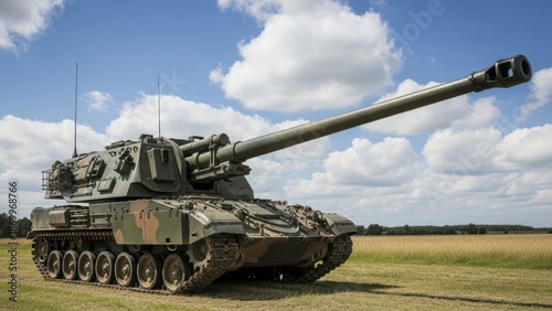 Military Self Propelled Howitzer Tank in an Open Field
