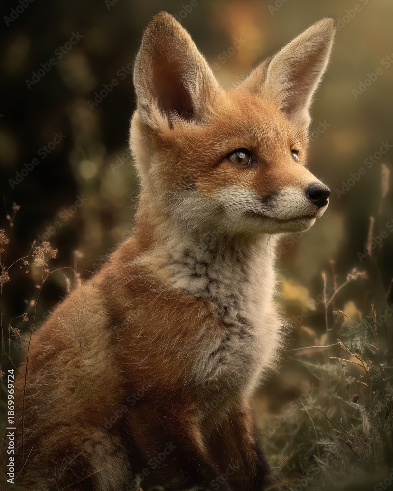 Fototapeta premium baby fox small in frame, advertising awareness layout