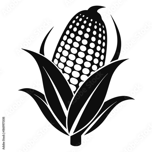Botanical silhouette of a sweet corn cob, black and white vector icon for food branding
