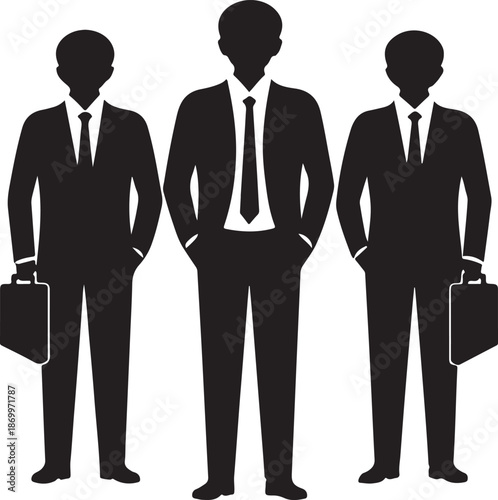 Three confident businessmen in formal suits standing together