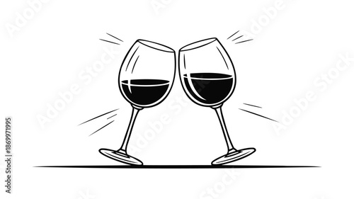 Two wine glasses clinking together with dark liquid and sparkling effects celebration toast