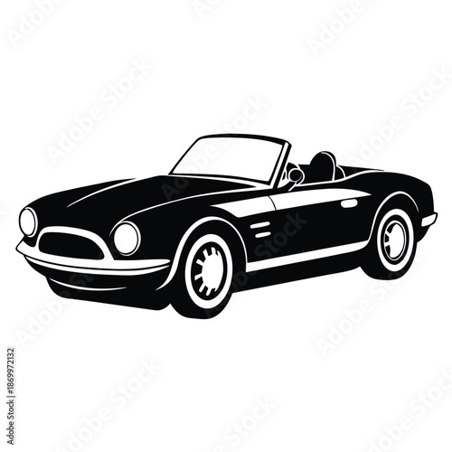 Two-door cabriolet silhouette, black and white automotive transport vector on white background
