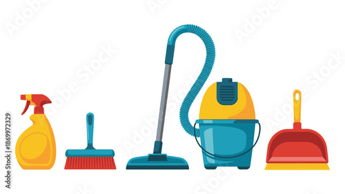 A set of colorful cleaning tools including a spray bottle a brush a vacuum cleaner and a dustpan
