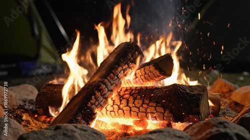 Cozy campfire burning at night, logs crackling with glowing embers and orange flames