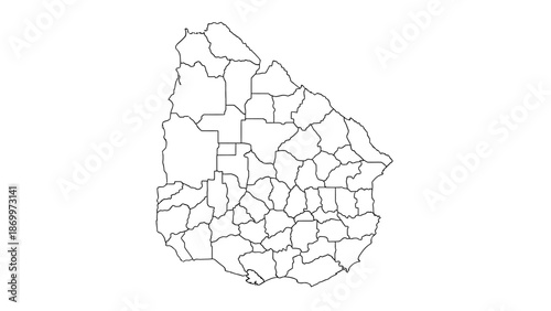 Detailed administrative map of Uruguay with clear departmental outlines, showcasing its geographical divisions and internal borders for political and regional analysis