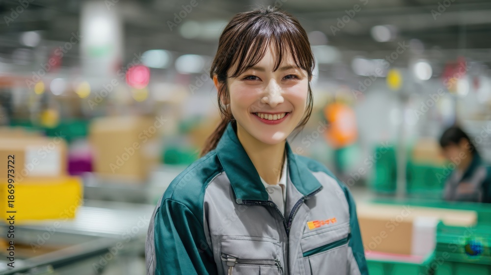 Fototapeta premium A woman stands in a warehouse wearing work clothes. She smiles as she works among boxes and coworkers. The setting is bright and busy with activity happening around her.