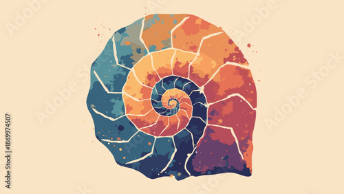 A golden ratio spiral overlaying a nautilus shell. Mathematics in nature concept. Line art vector