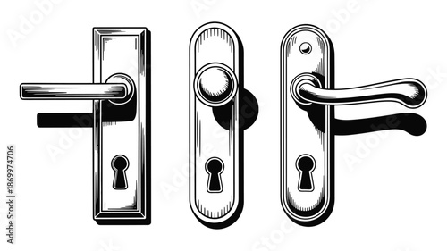 Three different styles of door handles and locks illustrated in black and white home interior