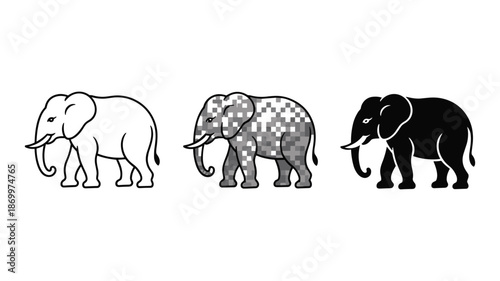 Three elephants in different shades of gray and black standing side by side in a row