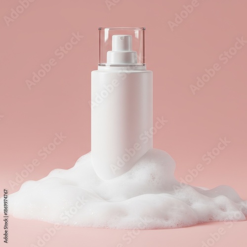 Minimal white pump bottle surrounded by creamy foam on soft pink background