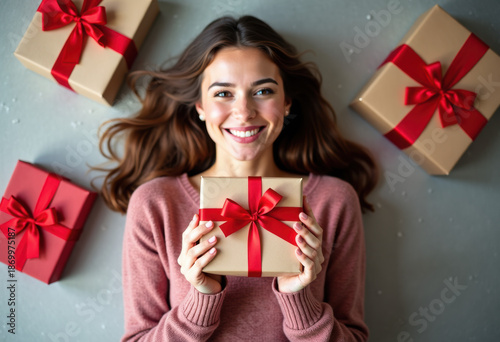 Young pretty woman holding Christmas / New Year gift boxes with bows. Winter holidays gifts packaging concept. Flat lay, top view.