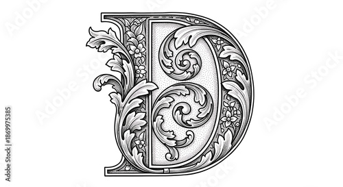 Highly Detailed Ornate Decorative Capital Letter D with Intricate Floral Engraving
