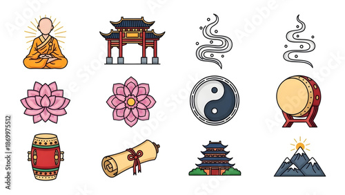 Collection of buddhist symbols and elements for design isolated on white background