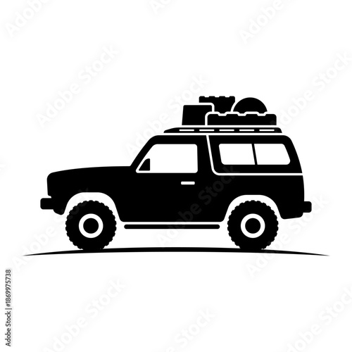 SUV with a trunk and luggage. Black silhouette. Side view. Vector simple flat graphic illustration. Isolated object on a white background.