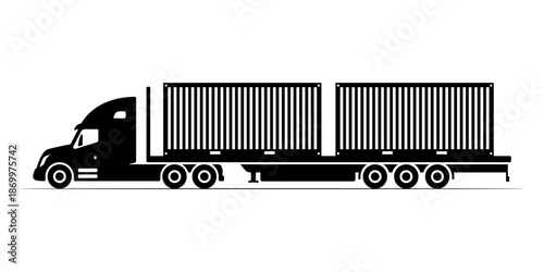 Truck tractor with a semitrailer and containers. Black silhouette. Side view. Vector simple flat graphic illustration. Isolated object on a white background.