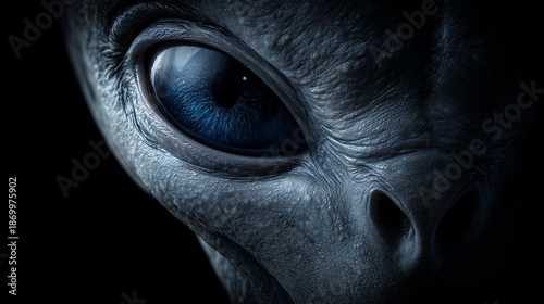 Close view of alien face highlighting large eye and unique features in dark setting