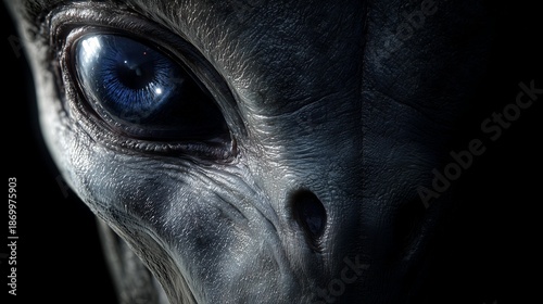 Close view of an alien face with a large eye set against a dark background