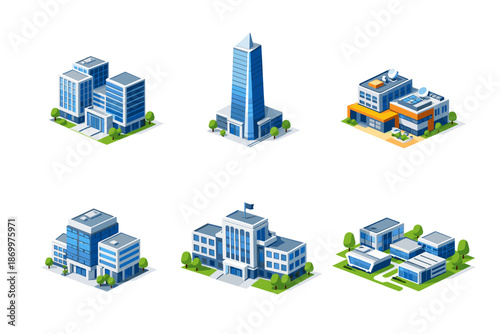 Collection of modern isometric buildings and skyscrapers for urban design