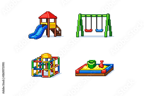 Pixel art playground equipment including a slide, swings, climbing frame, and sandbox