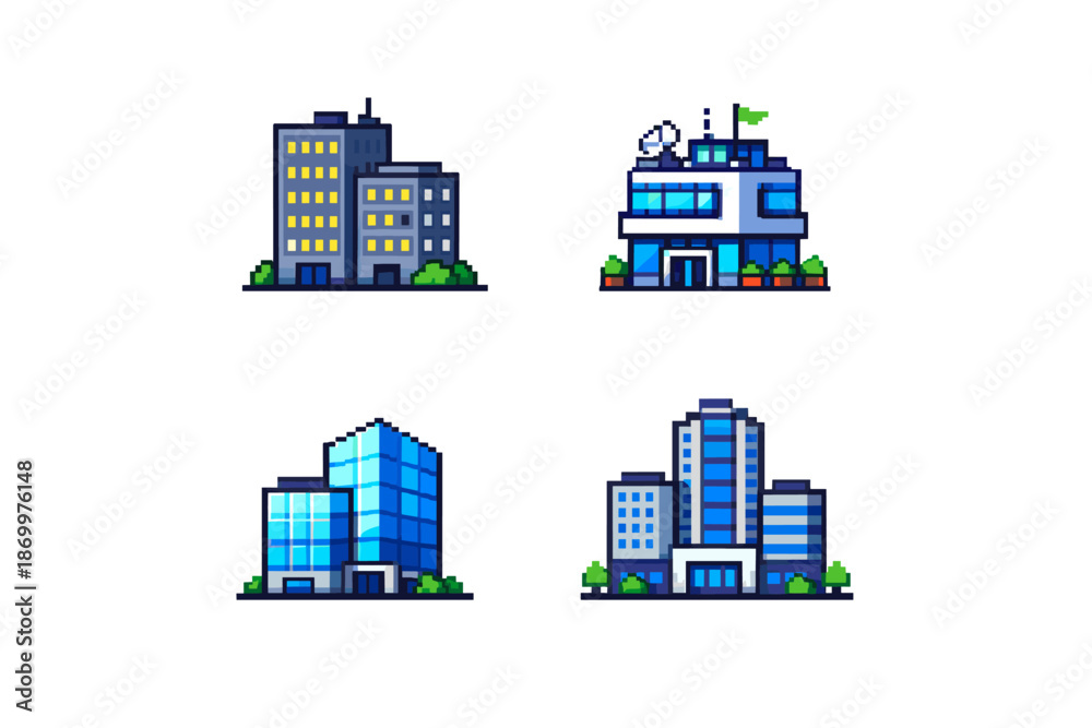 Obraz premium Pixel art collection of four modern office buildings with blue and gray tones