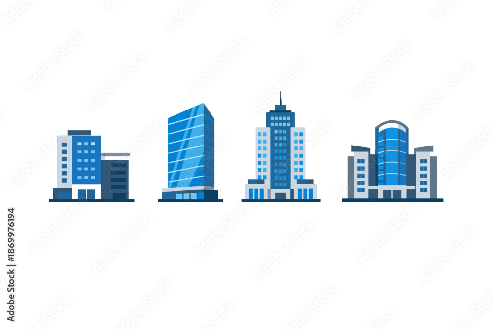 Fototapeta premium Collection of modern blue glass office buildings in a row on white background