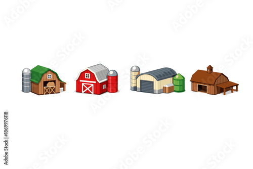 Collection of diverse farm buildings and silos in a cartoonish isometric style