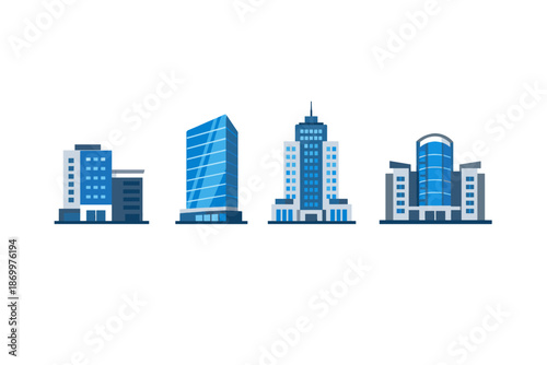 Collection of modern blue glass office buildings in a row on white background