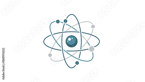 Simple atom model illustration with blue and gray electrons orbiting nucleus.