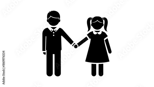 Simple black and white illustration of a boy and girl holding hands.