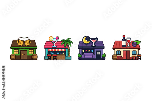 Collection of stylized bars and pubs with unique architectural elements and drinks