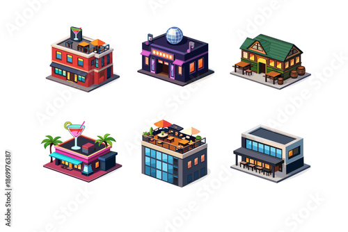 Collection of isometric cartoon buildings representing various entertainment venues and restaurants