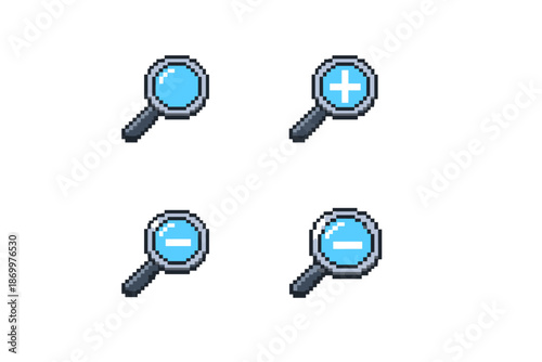 Pixel art magnifying glass icons for zoom in, zoom out, and search functions