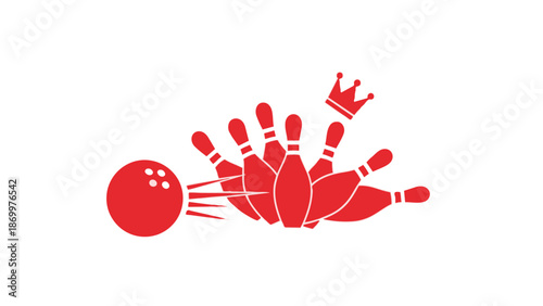 Red bowling ball and pins with a crown