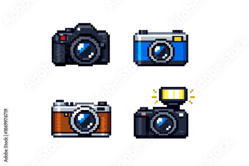 Pixel art collection of four distinct vintage and modern camera icons