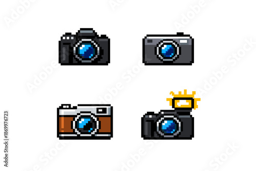 Collection of four pixel art cameras, including a vintage and a modern digital camera