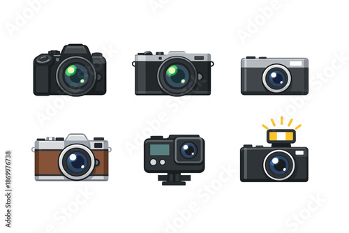 Collection of six different types of cameras, illustrated in a modern flat design style