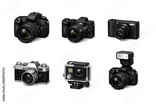 Collection of diverse camera types, from professional DSLRs to action cams
