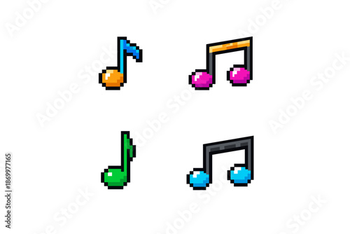Collection of colorful pixel art musical notes on a white background