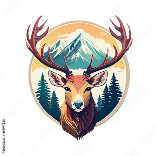 minimalist deer emblem design, strong stag with large antlers, mountains and pine trees inside the antlers, vintage badge style