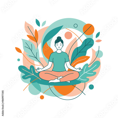 Serene woman meditating in lotus position surrounded by abstract organic shapes and foliage, promoting wellness and mindfulness