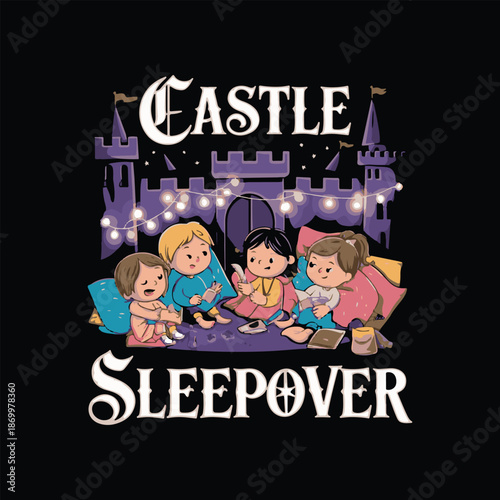 Children's Castle Sleepover Adventure with Pajamas and Fairy Lights, Charming Cartoon Illustration