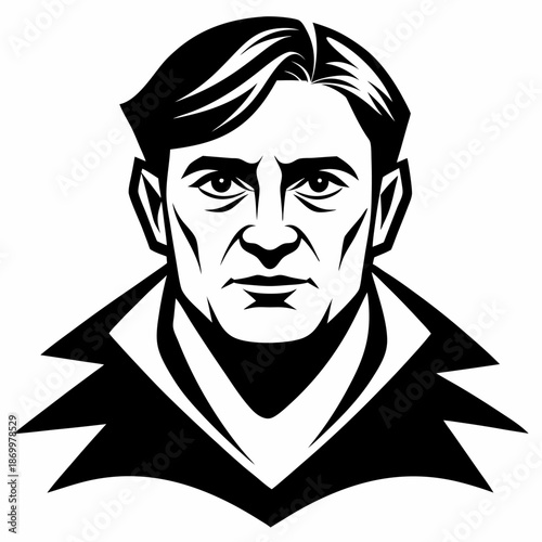 Black and white portrait of a man serious expression strong features stylish hair