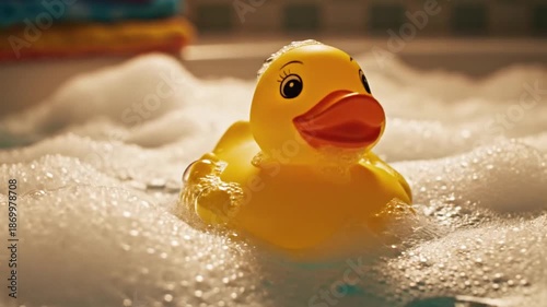 Cute yellow rubber duck floating in bubbly bath water, close-up shot