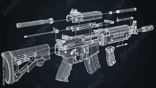 Technical Illustration of an Assault Rifle with Exploded View Components
